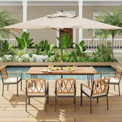 Rectangular Outdoor Dining Table for 6 People with Acacia Wood Tabletop and Umbrella Hole