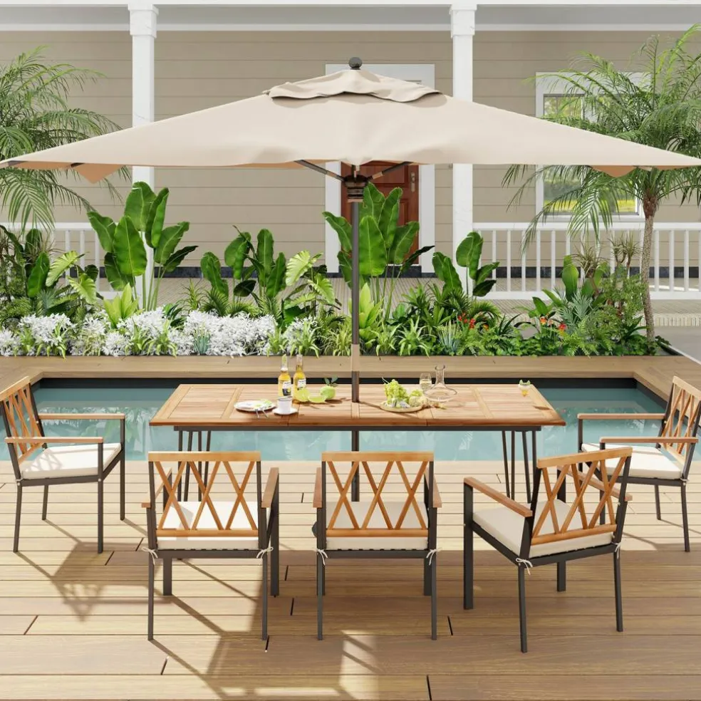Rectangular Outdoor Dining Table for 6 People with Acacia Wood Tabletop and Umbrella Hole