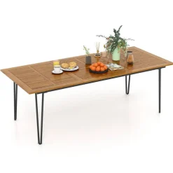 Rectangular Outdoor Dining Table for 6 People with Acacia Wood Tabletop and Umbrella Hole