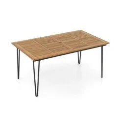 Rectangular Outdoor Dining Table for 6 People with Acacia Wood Tabletop and Umbrella Hole