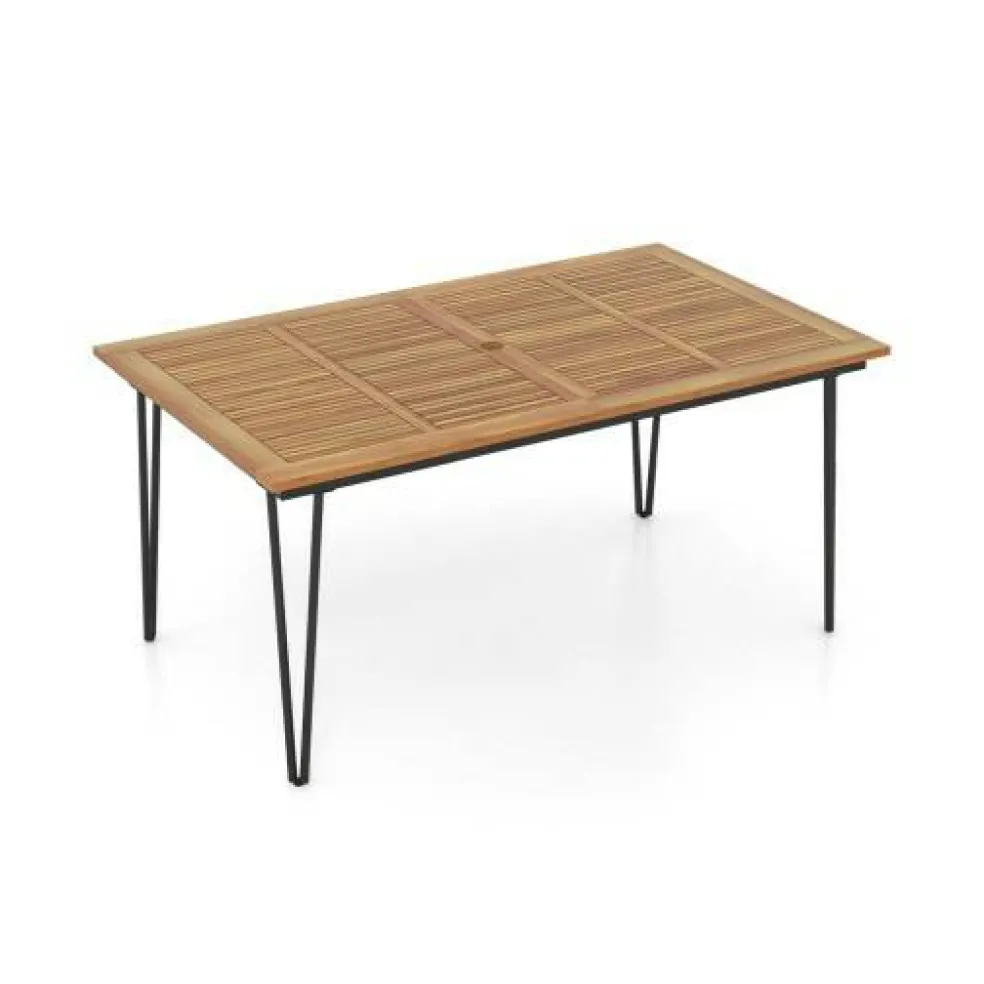 Rectangular Outdoor Dining Table for 6 People with Acacia Wood Tabletop and Umbrella Hole