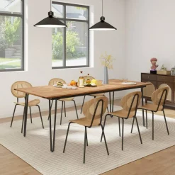 Rectangular Outdoor Dining Table for 6 People with Acacia Wood Tabletop and Umbrella Hole