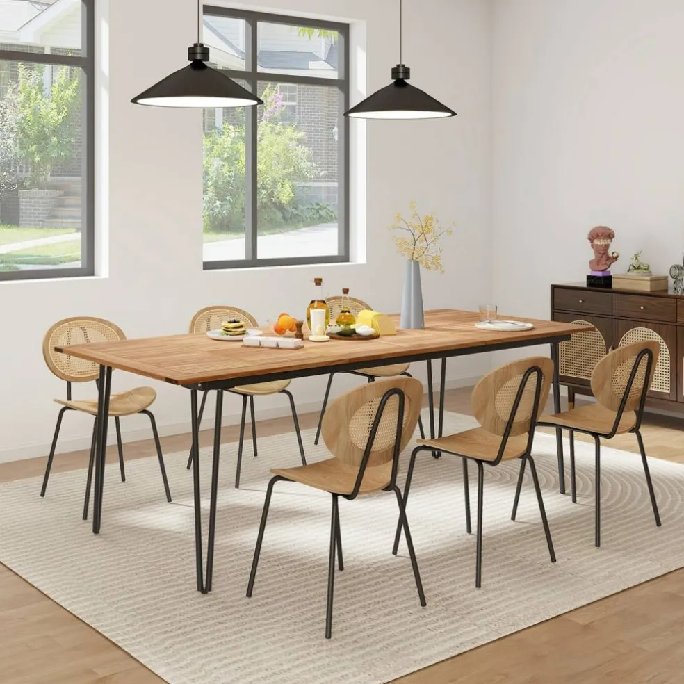 Rectangular Outdoor Dining Table for 6 People with Acacia Wood Tabletop and Umbrella Hole