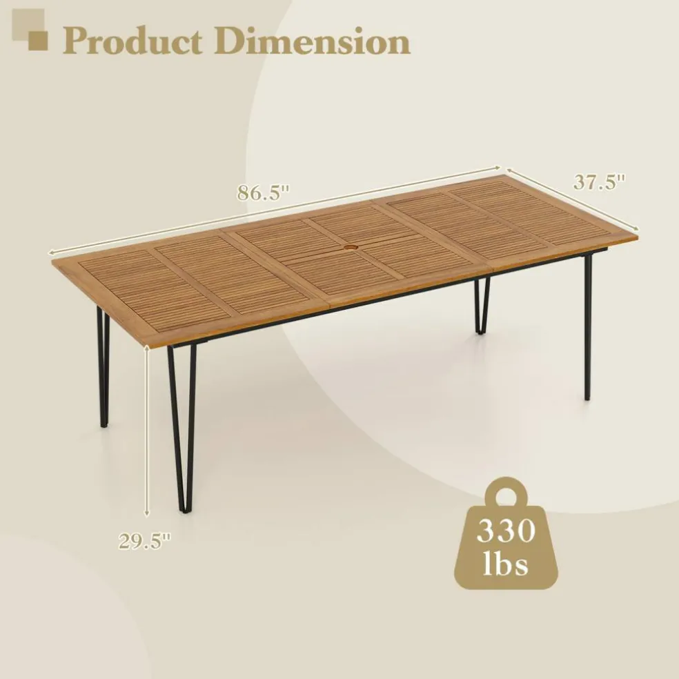 Rectangular Outdoor Dining Table for 6 People with Acacia Wood Tabletop and Umbrella Hole