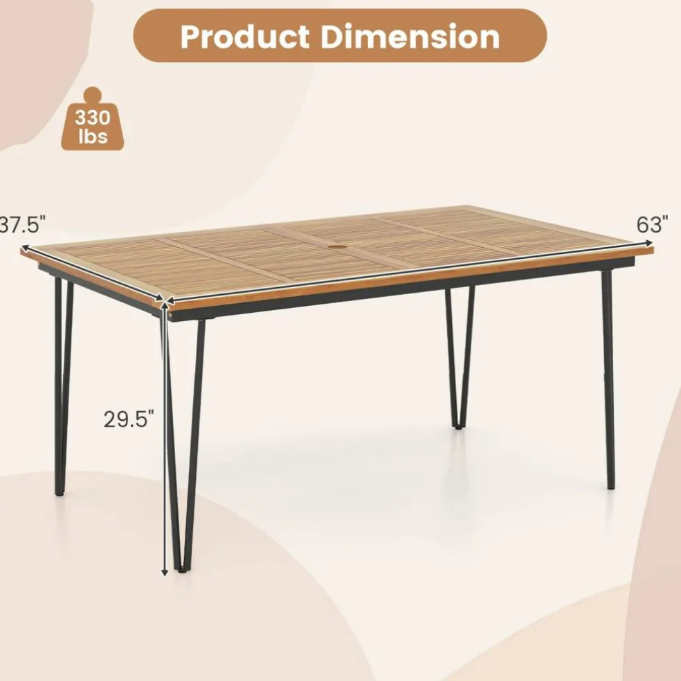 Rectangular Outdoor Dining Table for 6 People with Acacia Wood Tabletop and Umbrella Hole