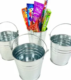 Regent 4 Metal Buckets 5 inch X 5 inch Galvanized Pail with handles for Wedding Decorations (Silver) 5"L x 3.8"W x 5"H