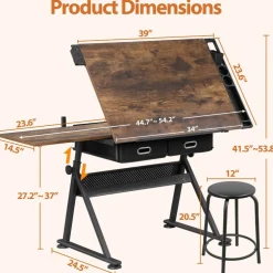 Retro Adjustable Drafting Table with Charging Station & Stool