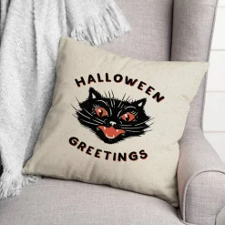 Retro Black Cat Halloween Greetings Throw Pillow