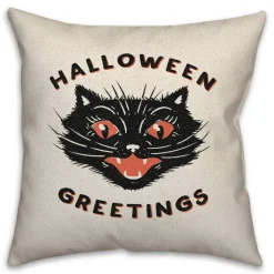 Retro Black Cat Halloween Greetings Throw Pillow