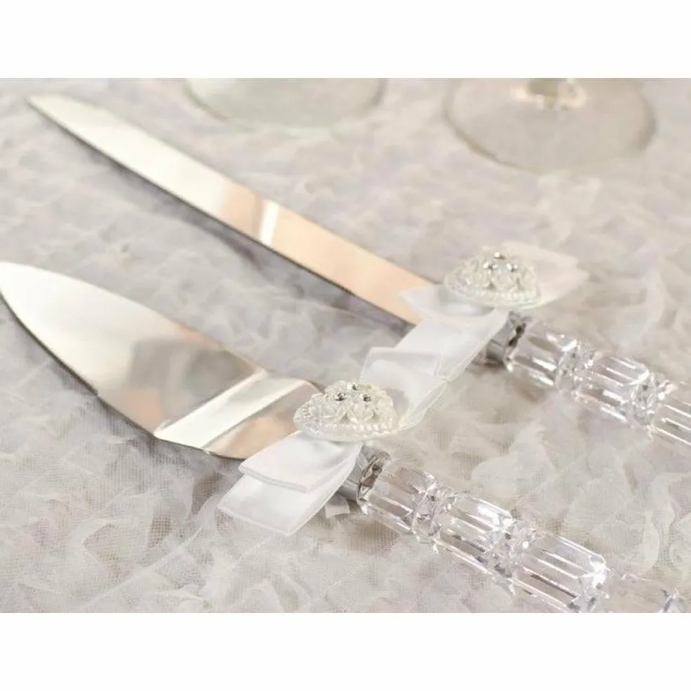 Rhinestone Pearlized Heart Rose Bouquet Wedding Cake Server Set