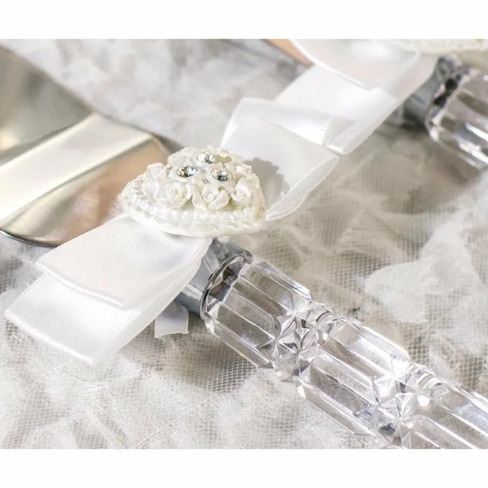 Rhinestone Pearlized Heart Rose Bouquet Wedding Cake Server Set