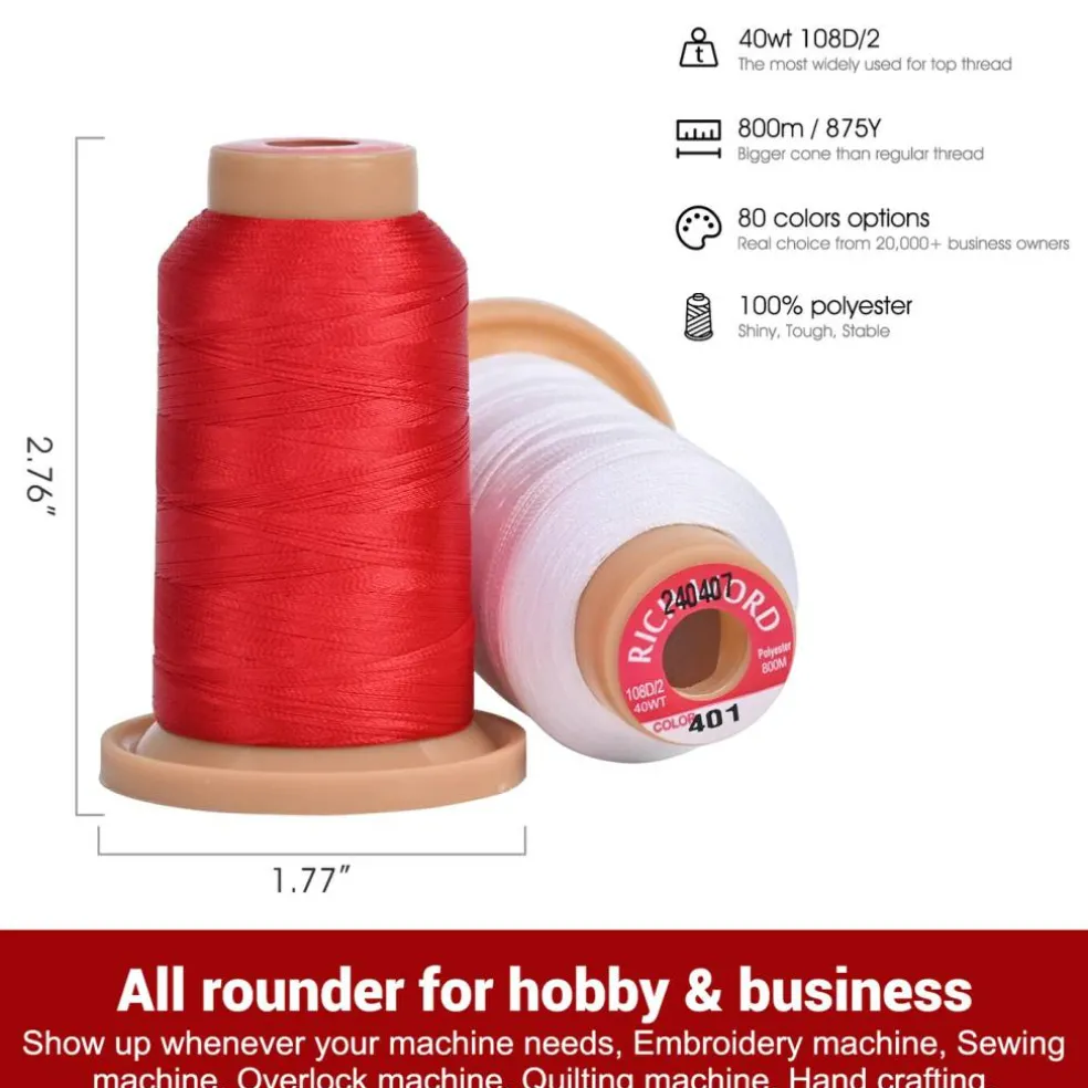 Richword Selected 800M 6/20/40/60/80 Colors Embroidery Machine Thread, 40WT(108D/2) Polyester Embroidery Machine Thread Set for Embroidery Machines and Sewing Machines