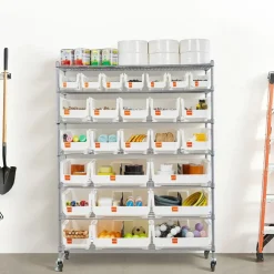 Rolling Bin Storage Rack with 24 Organizer Bins Steel Wire Shelf on Wheels