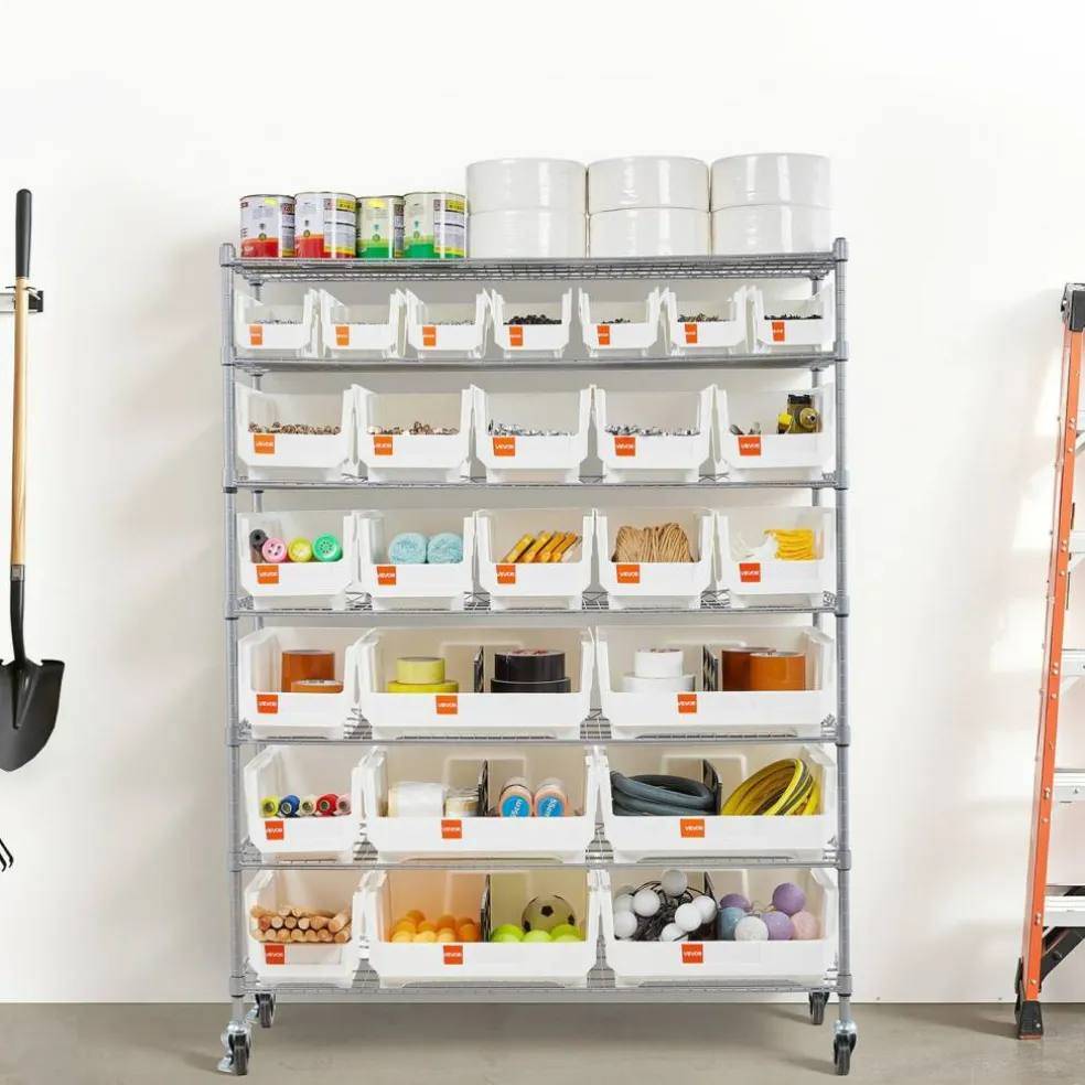 Rolling Bin Storage Rack with 24 Organizer Bins Steel Wire Shelf on Wheels