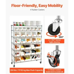 Rolling Bin Storage Rack with 24 Organizer Bins Steel Wire Shelf on Wheels