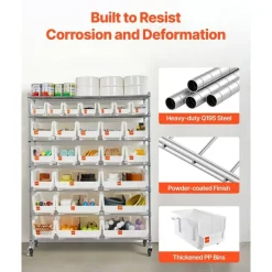Rolling Bin Storage Rack with 24 Organizer Bins Steel Wire Shelf on Wheels