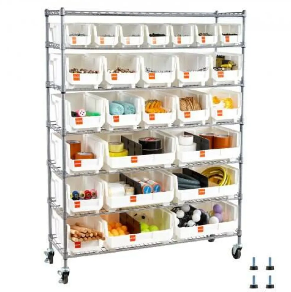 Rolling Bin Storage Rack with 24 Organizer Bins Steel Wire Shelf on Wheels