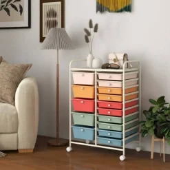 Rolling Storage Cart 15 Drawer Organizer With Wheels Craft Office Supply Organizer Steel Frame Multicolor Drawers
