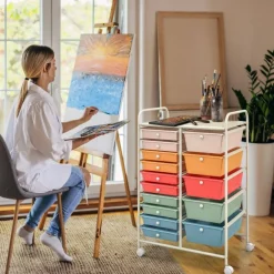 Rolling Storage Cart 15 Drawer Organizer With Wheels Craft Office Supply Organizer Steel Frame Multicolor Drawers