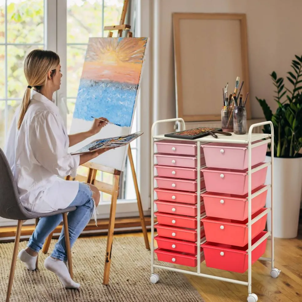 Rolling Storage Cart 15 Drawer Organizer With Wheels Craft Office Supply Organizer Steel Frame Multicolor Drawers