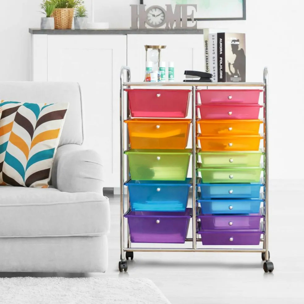 Rolling Storage Cart 15 Drawer Organizer With Wheels Craft Office Supply Organizer Steel Frame Multicolor Drawers