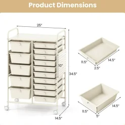 Rolling Storage Cart with 15 Drawers, Mobile Organizer with Pegboard, Removable Drawers, Metal Frame, 360° Casters