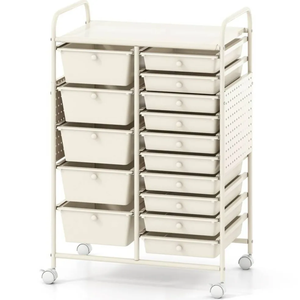 Rolling Storage Cart with 15 Drawers, Mobile Organizer with Pegboard, Removable Drawers, Metal Frame, 360° Casters