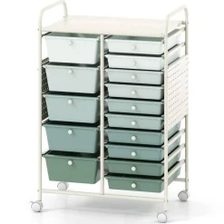 Rolling Storage Cart with 15 Drawers, Mobile Organizer with Pegboard, Removable Drawers, Metal Frame, 360° Casters