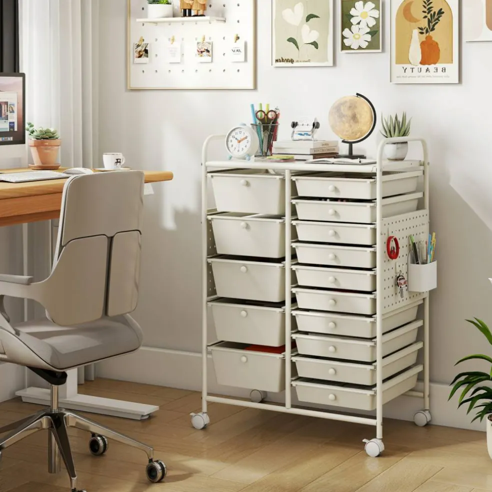 Rolling Storage Cart with 15 Drawers, Mobile Organizer with Pegboard, Removable Drawers, Metal Frame, 360° Casters
