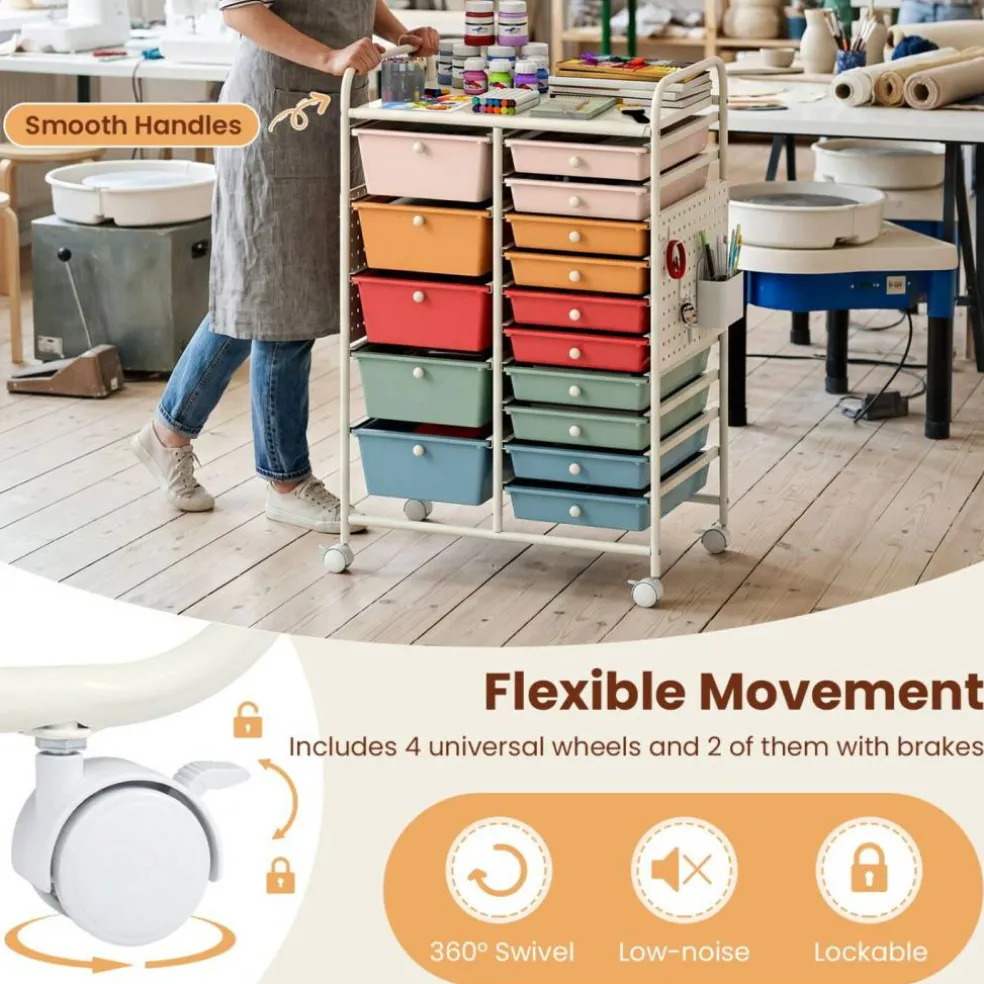 Rolling Storage Cart with 15 Drawers, Mobile Organizer with Pegboard, Removable Drawers, Metal Frame, 360° Casters