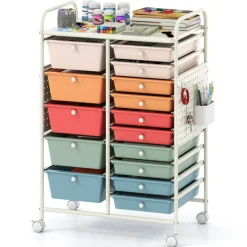 Rolling Storage Cart with 15 Drawers, Mobile Organizer with Pegboard, Removable Drawers, Metal Frame, 360° Casters