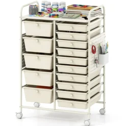 Rolling Storage Cart with 15 Drawers, Mobile Organizer with Pegboard, Removable Drawers, Metal Frame, 360° Casters