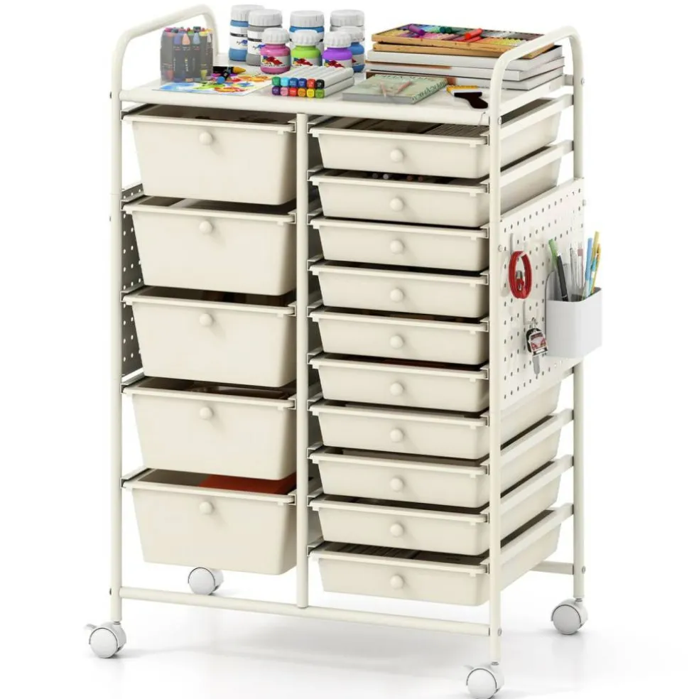 Rolling Storage Cart with 15 Drawers, Mobile Organizer with Pegboard, Removable Drawers, Metal Frame, 360° Casters