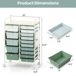 Rolling Storage Cart with 15 Drawers, Mobile Organizer with Pegboard, Removable Drawers, Metal Frame, 360° Casters