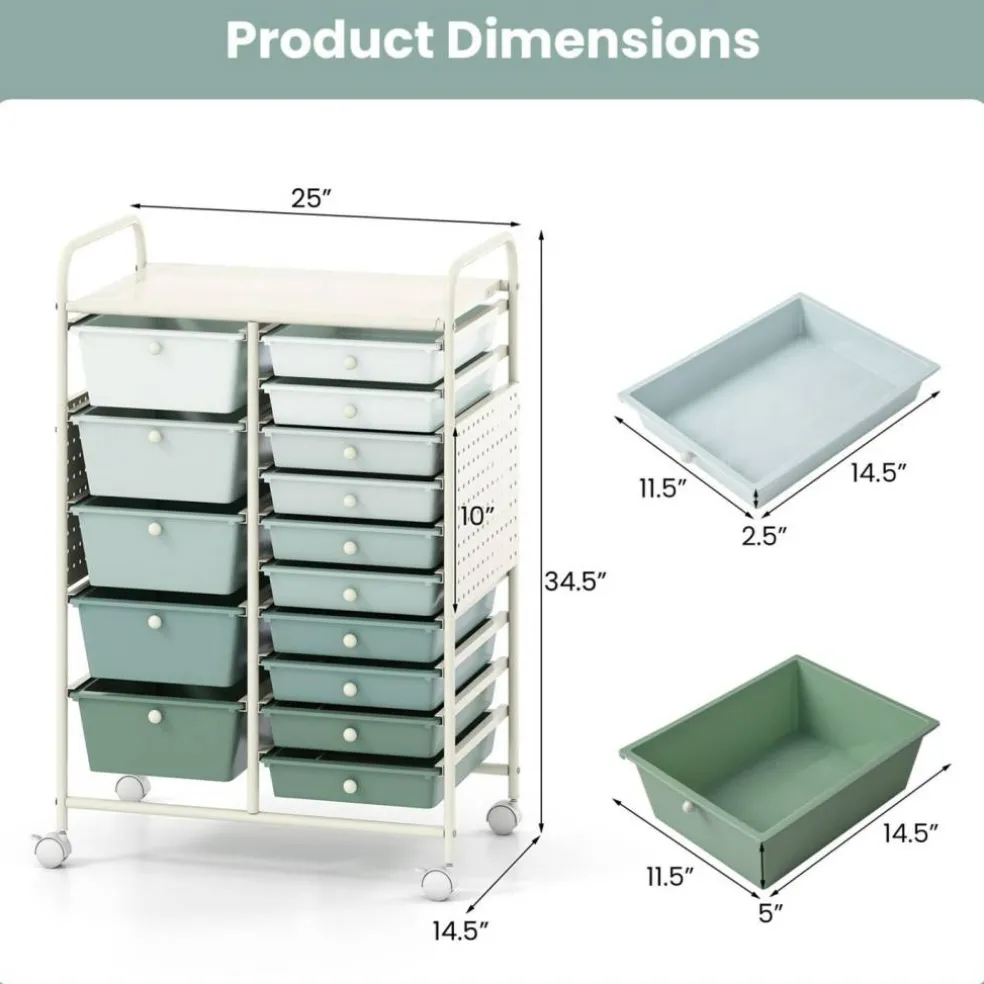 Rolling Storage Cart with 15 Drawers, Mobile Organizer with Pegboard, Removable Drawers, Metal Frame, 360° Casters