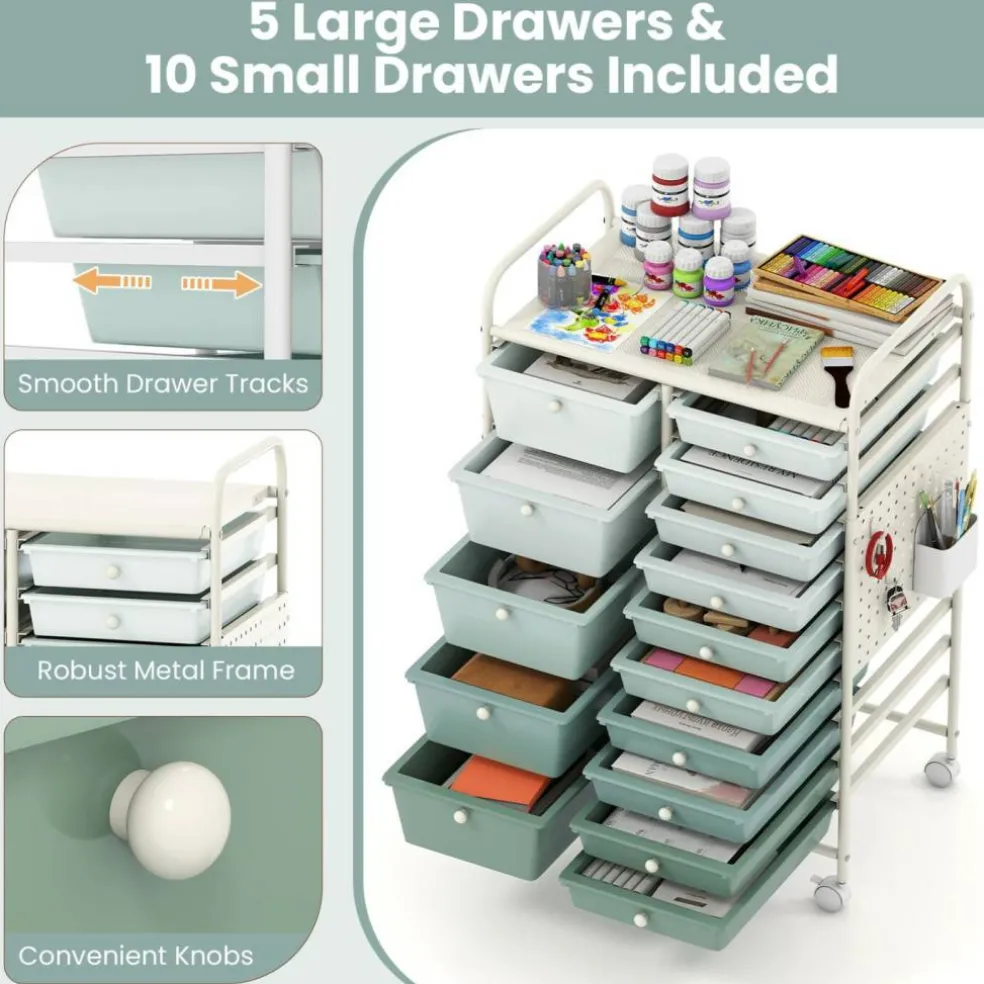 Rolling Storage Cart with 15 Drawers, Mobile Organizer with Pegboard, Removable Drawers, Metal Frame, 360° Casters