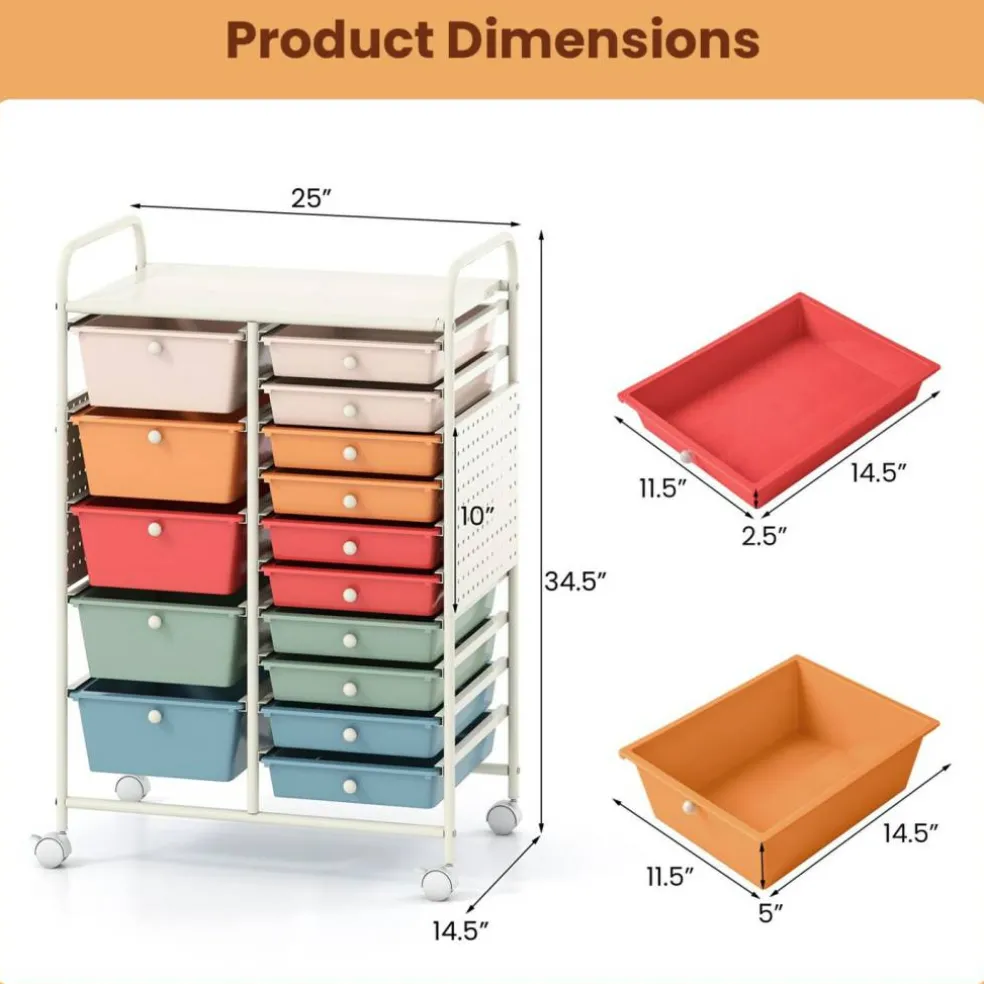 Rolling Storage Cart with 15 Drawers, Mobile Organizer with Pegboard, Removable Drawers, Metal Frame, 360° Casters