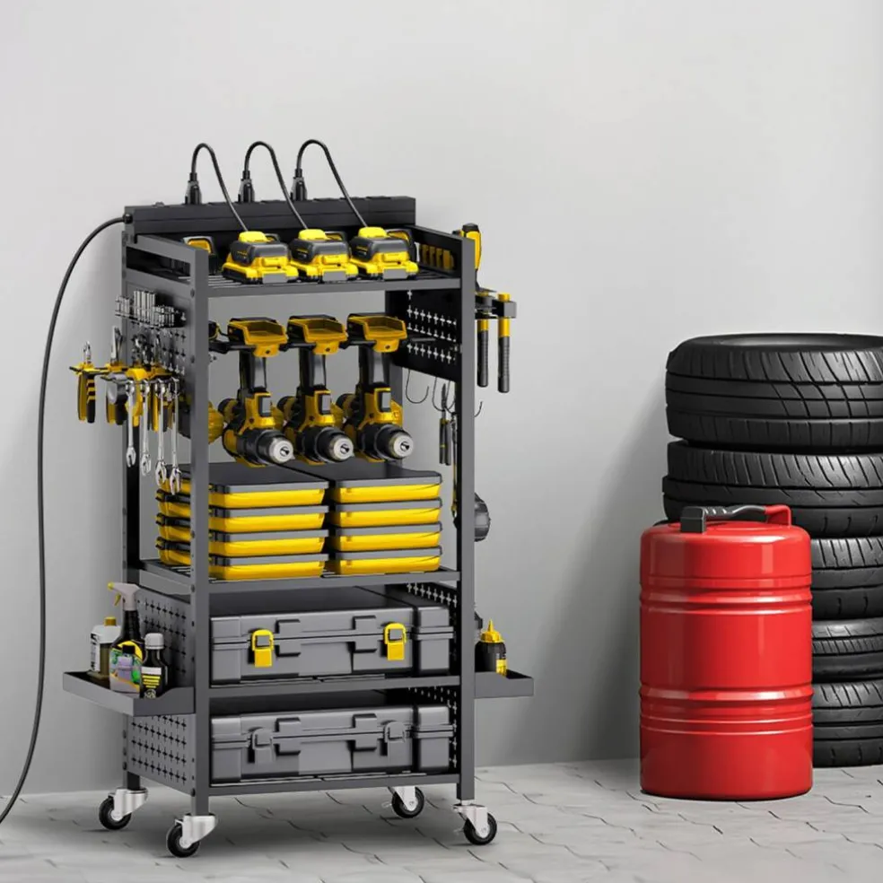 Rolling Tool Cart with Power Strip, 5 Tier Garage Organizer Cart with 8 AC Outlets, Drill Holder and Locking Wheels for Workshop Storage