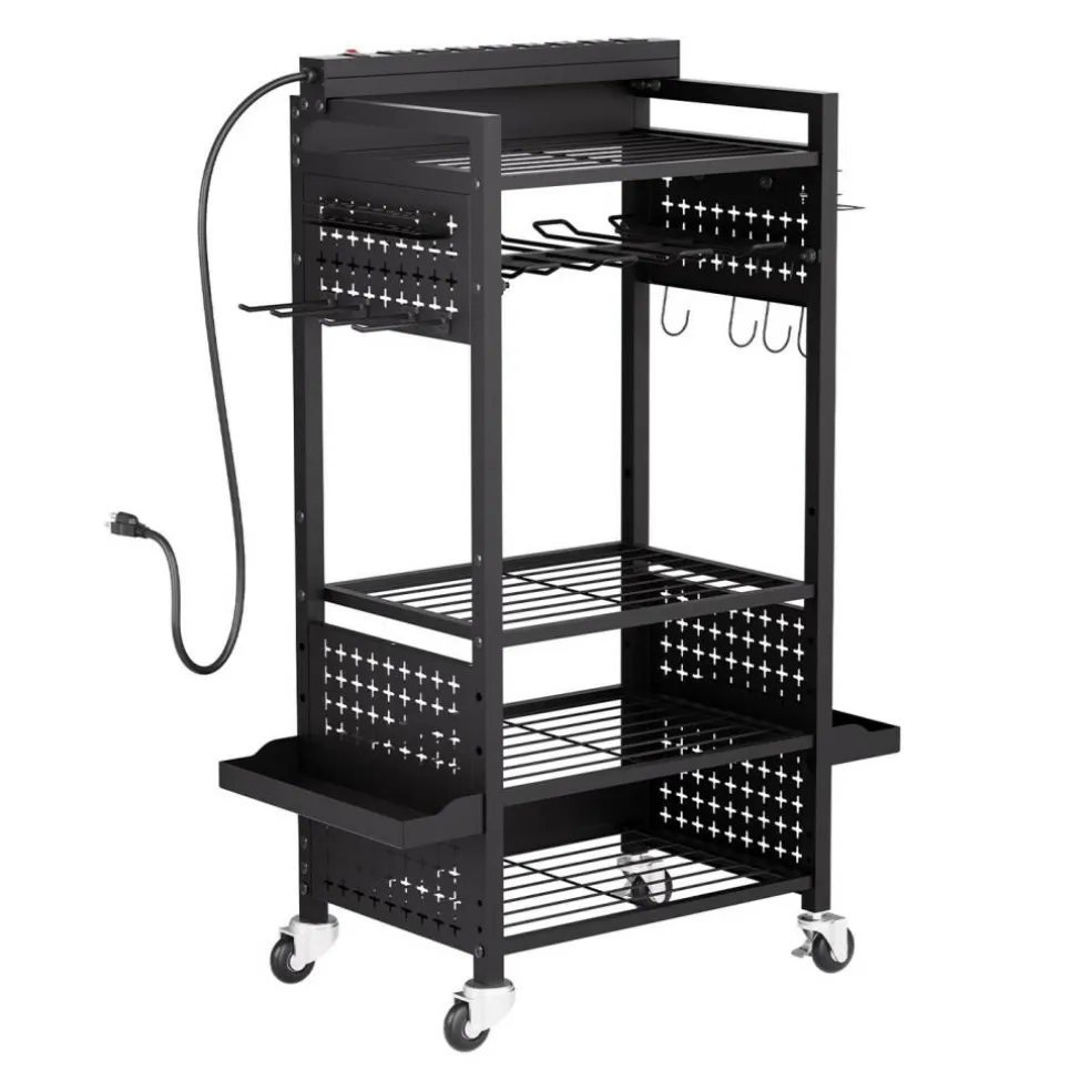 Rolling Tool Cart with Power Strip, 5 Tier Garage Organizer Cart with 8 AC Outlets, Drill Holder and Locking Wheels for Workshop Storage