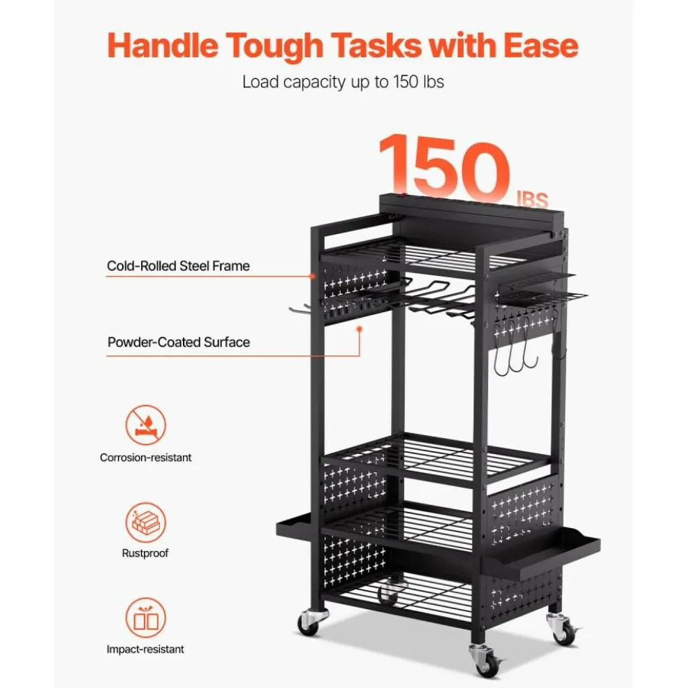 Rolling Tool Cart with Power Strip, 5 Tier Garage Organizer Cart with 8 AC Outlets, Drill Holder and Locking Wheels for Workshop Storage