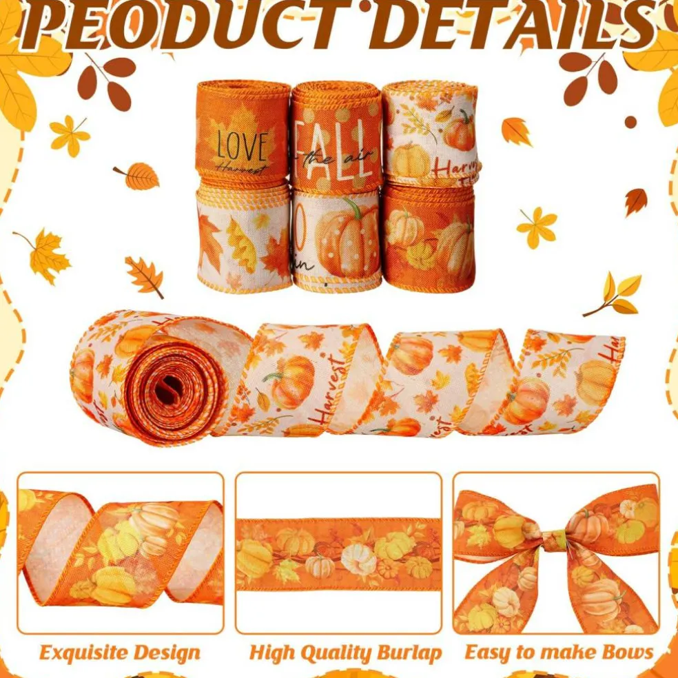 6 Rolls Fall Wired Edge Ribbon 2 Inch x 30 Yards Orange