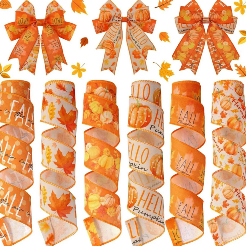 6 Rolls Fall Wired Edge Ribbon 2 Inch x 30 Yards Orange