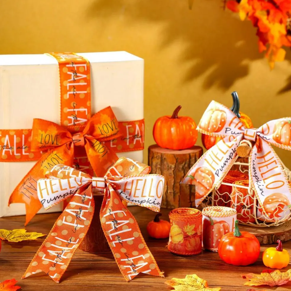 6 Rolls Fall Wired Edge Ribbon 2 Inch x 30 Yards Orange