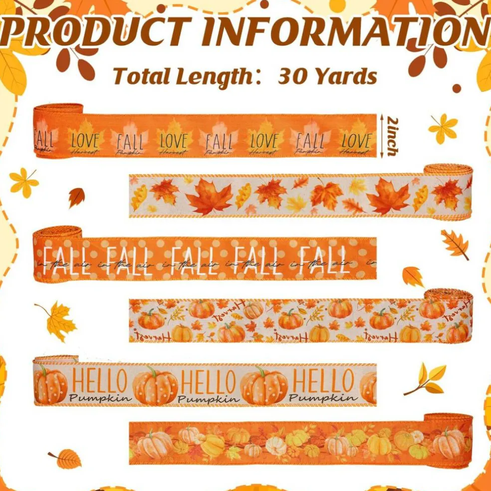 6 Rolls Fall Wired Edge Ribbon 2 Inch x 30 Yards Orange