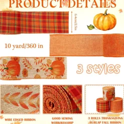 3 Rolls Fall Wired Ribbon, Pumpkin Plaid, for Wreaths Bow Craft