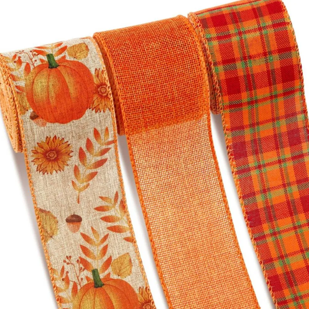 3 Rolls Fall Wired Ribbon, Pumpkin Plaid, for Wreaths Bow Craft