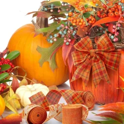 3 Rolls Fall Wired Ribbon, Pumpkin Plaid, for Wreaths Bow Craft