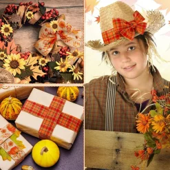 3 Rolls Fall Wired Ribbon, Pumpkin Plaid, for Wreaths Bow Craft