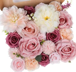 Rose Artificial Flower Combo – Pink Silk Roses with Stems for DIY Bridal Bouquets, Wedding Centerpieces, Table Arrangements, Party, Baby Shower & Home Décor (Champagne Pink)