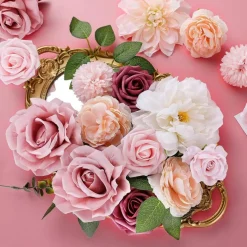 Rose Artificial Flower Combo – Pink Silk Roses with Stems for DIY Bridal Bouquets, Wedding Centerpieces, Table Arrangements, Party, Baby Shower & Home Décor (Champagne Pink)